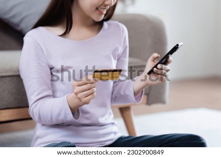 Online store icon, shopping on internet, Asian woman using on virtual screen with hands choosing on smartphone application