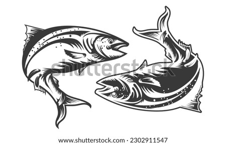 Salmon fish jumping from water set vector design black and white.