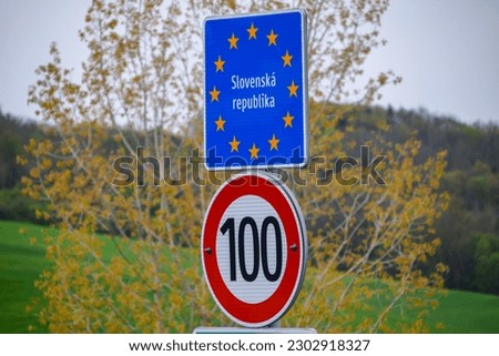 Borders inside Schengen Area between Slovakia and Hungary. European Community Road Sign indicating National Border of European Union country