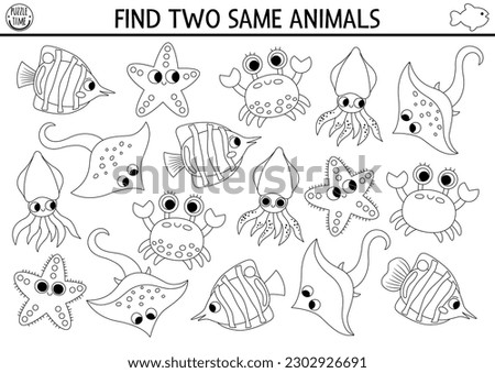 Find two same water animals. Under the sea black and white matching activity. Ocean life line educational quiz worksheet for kids. Simple printable coloring page with cute fish, crab, starfish
