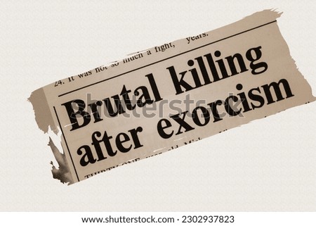 Brutal killing after exorcism - news story from 1975 newspaper headline article title in sepia Royalty-Free Stock Photo #2302937823