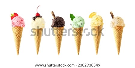Assortment of ice cream cones. Variety of flavors isolated on a white background.