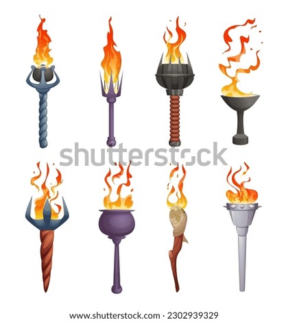 Torch flame. Various stick with burning flame ancient illumination tools exact vector cartoon torchlight
