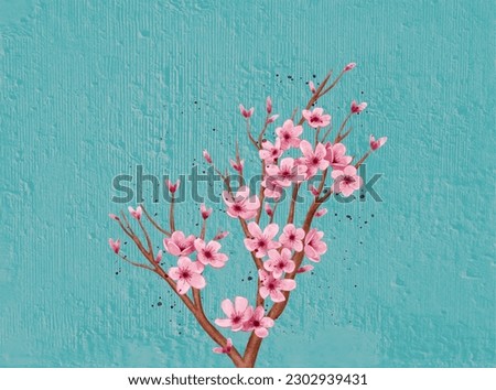 branch of sakura flower with blue texture background
