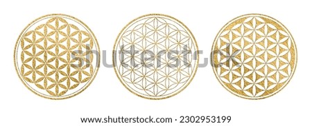 golden flower of life symbol in three variations, yoga, sacred geometry or zen icon with gold texture isolated over a white background	