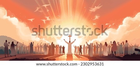 Biblical vector illustration series, Pentecost also called Whit Sunday, Whitsunday or Whitsun. It commemorates the descent of the Holy Spirit upon the Apostles and other followers of Jesus Christ Royalty-Free Stock Photo #2302953631