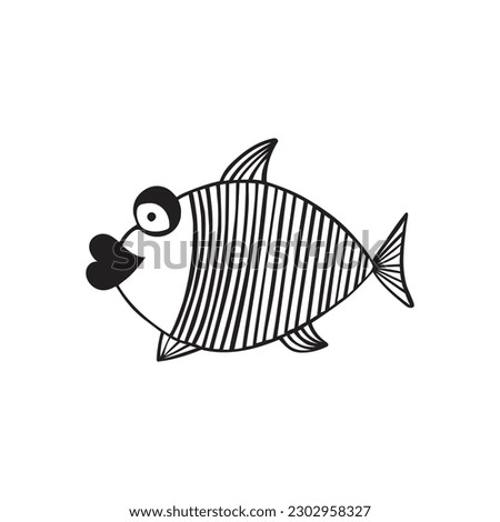Stylized fishes. Aquarium fish. Ornamental fish. River fish. Sea fish. Children's drawing. Black and white drawing by hand. Line art.