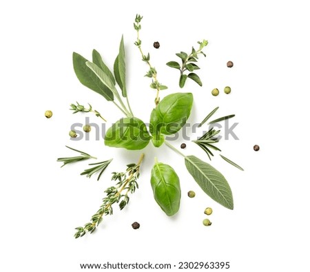 round herb ornament made of various fresh Mediterranean herbs laid out in a circle, isolated food or cooking design element with white background and subtle natural shadows, top view, flat lay Royalty-Free Stock Photo #2302963395