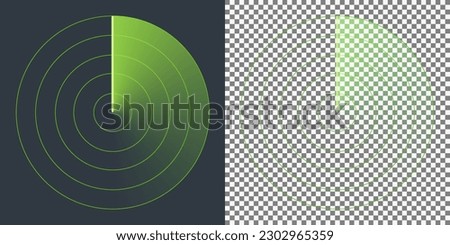 Isolated radar screen. Radar beam, transparent fading trace and concentric circles with transparent effects on plaid background. Elements in correctly named layers. Vector illustration. Royalty-Free Stock Photo #2302965359