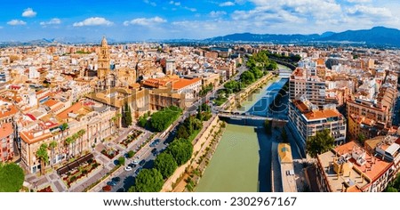 Murcia city centre and Segura river aerial panoramic view. Murcia is a city in south eastern Spain. Royalty-Free Stock Photo #2302967167