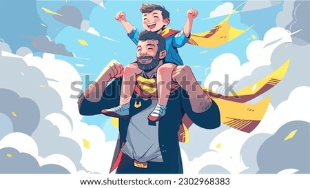 Dad in superhero costume holds son on his shoulders. Happy Father's day greeting card. Cartoon character Royalty-Free Stock Photo #2302968383