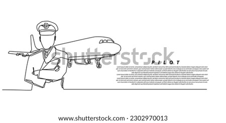 continuous line pilot.portrait of pilot standing against airplane background single line vector.isolated white background Royalty-Free Stock Photo #2302970013
