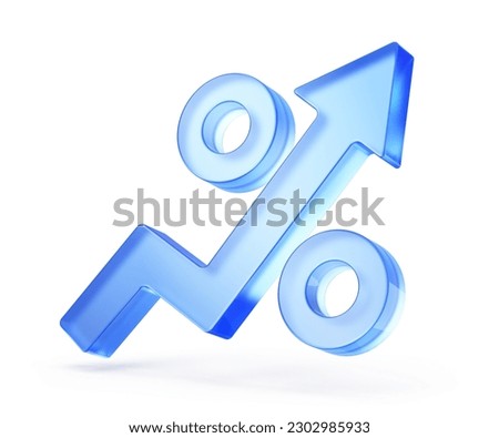 Blue glass percent sign with arrow UP isolated on white. % , percentage, growth concept. 3d rendering