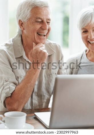Happy senior couple, laptop and connection in home for online shopping, internet research and website blog. Old man, woman and laughing on computer for social media, funny digital news and technology
