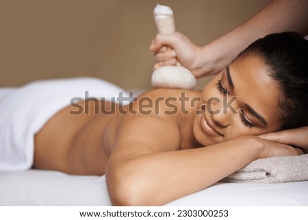 Girl, hot balls or hands for back massage in salon to relax for zen resting or wellness in physical therapy healing. Woman in spa for sleeping or natural holistic body detox by masseuse to compress Royalty-Free Stock Photo #2303000253