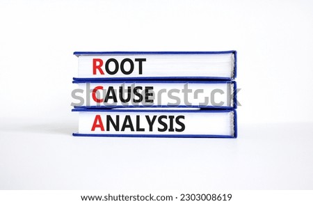RCA root cause analysis symbol. Concept words RCA root cause analysis on books. Beautiful white table white background. Business and RCA root cause analysis concept. Copy space.
