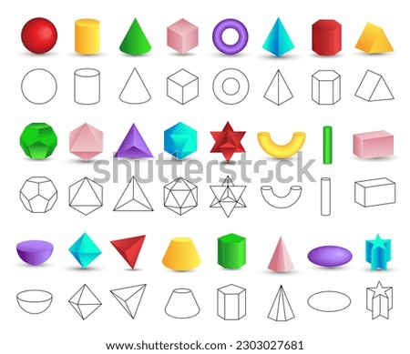 Set of vector realistic 3D colorful geometric shapes isolated on white background. Mathematics of geometric shapes, linear objects, contours. Platonic solid. Icons, logos for education, design Royalty-Free Stock Photo #2303027681