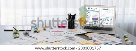 Sticky note for creative and analytic brainstorm for business idea with BI data dashboard on laptop screen. Analysis financial data visualization tech for marketing strategy. Prodigy