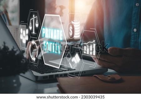 Private equity investment business concept, Young businessman using laptop computer with private equity icon on virtual screen. Royalty-Free Stock Photo #2303039435