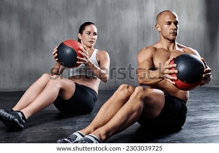 Medicine ball, health and fitness people doing bodybuilding workout, core muscle strength and gym performance. Exercise commitment, athlete teamwork and strong team exercising for active lifestyle Royalty-Free Stock Photo #2303039725