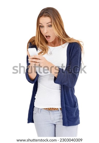 Shocked, wow and woman on a phone isolated a white background for fake news, wrong email or mistake. Surprise, fear or stress of person or online user with cellphone or mobile app problem in studio
