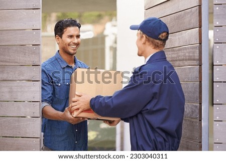 Man, courier and home for giving package, ecommerce or delivery with smile, customer experience or outdoor. Logistics service, shipping and guy with gratitude, happy and receiving box at house door Royalty-Free Stock Photo #2303040311