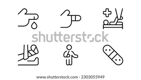 bandages cast icon such as Injured man, broken leg, broken arm, vector set design with Editable Stroke. Line, Solid, Flat Line, thin style and Suitable for Web Page, Mobile App, UI, UX design. Royalty-Free Stock Photo #2303055949