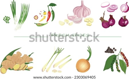 Fresh spices vector set illustration isolated on white background. Green onion. Garlic. Ginger. Lemongrass. Onion. Shallot. Peppercorn. Chilli. Cartoon style. Spices and herbs vector set.
 Royalty-Free Stock Photo #2303069405