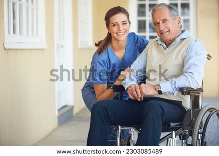 Portrait, caregiver or old man in a wheelchair in hospital helping an elderly patient for support in clinic. Happy, medical or healthcare social worker talking to a senior person with a disability Royalty-Free Stock Photo #2303085489
