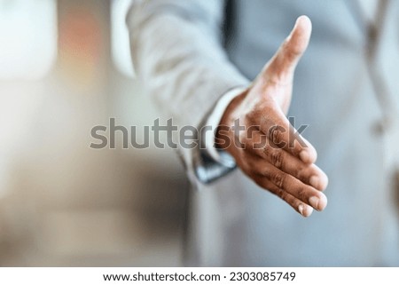 Handshake, offer and business man success, partnership agreement or introduction in job welcome. Professional person shaking hands in pov meeting, deal congratulations and thank you on mockup space