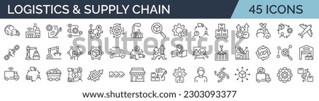 Set of 45 line icons related to supply chain, value chain, logistic, delivery, manufacturing, commerce. Outline icon collection. Vector illustration. Editable stroke Royalty-Free Stock Photo #2303093377