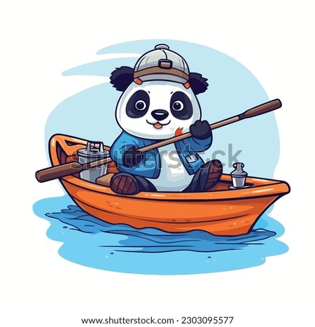 Panda Fishing With Boat Vector Cartoon Icon Mascot Illustration