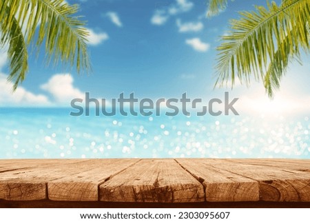 Empty wooden table are placed outdoors on spring sunny sky background with blue sparkling sea water and bokeh blurry. Counter display concept