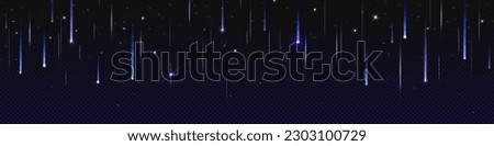 Realistic star shower on transparent night sky background. Vector illustration of comets, meteors, asteroids falling down, sparkling and shimmering on black. Space galaxy, universe design element