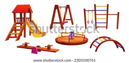 Cartoon playground equipment set isolated on white background. Vector illustration of wooden slide, swing, carousel and colorful ladder for childrens outdoor fun and recreation, active leisure Royalty-Free Stock Photo #2303100761