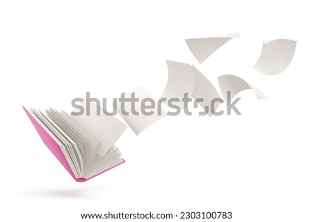 Realistic open book with blank pages flying isolated on white background. Vector illustration of school library, literature publishing, bookstore design icon. Reading hobby. Pink fairy tail story