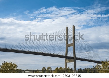 Modern bridge pylon against a blue sky. Detail of the multi-span cable-stayed bridge. Linear perspective view of a white cable-stayed suspension Alex Fraser Bridge in BC. Nobody, selective focus Royalty-Free Stock Photo #2303103865