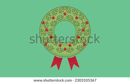 christmas wreath illustration with red bow icon in flat style
