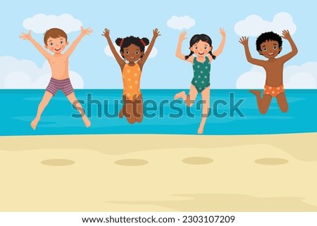 Cute kids in swimsuits jumping together on the beach having fun on summer holiday