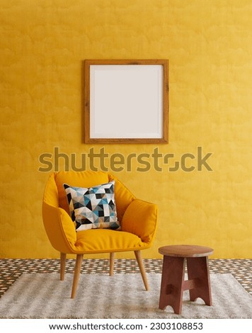 Empty Wooden photo frame mockup hanging on yellow wall background. Art, Poster Display. Modern Interiors.