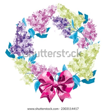 Flower wreath made white pink and purple lilac with a pink blue bow separate vector