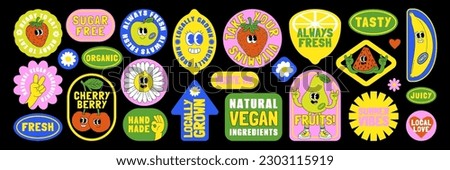 Fruit retro funky cartoon stickers. Comic character of cherry strawberry banana watermelon, slogan, quotes and other elements. Groovy summer vector illustration. Fruits berries juicy sticker pack.