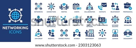 Networking icon set. Containing network, community, connections, relationship, online networking and social network icons. Solid icon collection. Vector illustration. Royalty-Free Stock Photo #2303123063