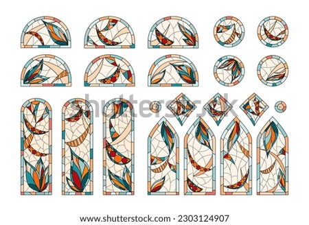 Stained glass in a Church. Set of different windows shapes drawing in one style. Royalty-Free Stock Photo #2303124907