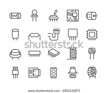 Electronic Components, icon set. Elements of electronic circuits and devices. microchips, transistors, capacitors, resistors, diodes etc, linear icons. Line with editable stroke Royalty-Free Stock Photo #2303132873