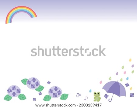 Frame illustration of hydrangea, rainbow, frog and umbrella of the rainy season