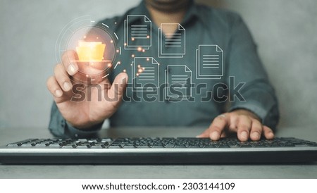 Document management system, DMS process system automation technology. Businessman finger touching document icon on virtual screen. File storage data and archiving. Software folder structure.
