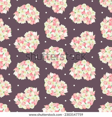 Watercolour drawing pattern of beautiful heart-shaped white and pink tulips and dots on black background. High quality illustration of luxurious flowers to fabric, textile print, stamp, wrapping, card