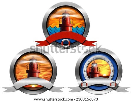 Three round metal symbols or icons with a red lighthouse with light beam at sunset and empty ribbon with copy space. Isolated on white background.
