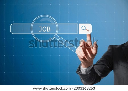 Recruitment hiring technology and human resources concept with man finger on virtual touch screen with digital magnifying glass on job search bar on abstract blue background